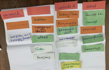 Wand mit vielen farbigen Karten auf denen wichtige Themen für beeinträchtigte Menschen stehen